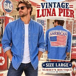 Vintage Luna Pier American Flag Denim Shirt Men’s Large USA Graphic
